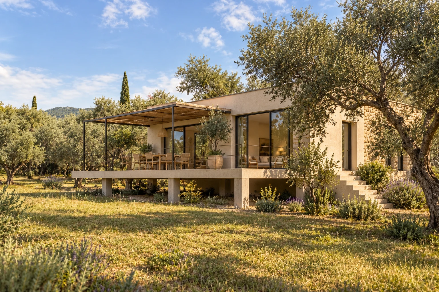 Illustration générée d’une maison contemporaine surélevée au milieu des oliviers