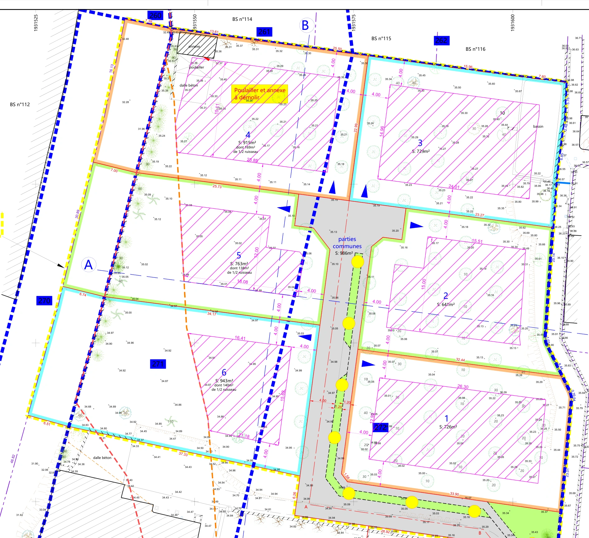Extrait du plan de composition original PA4, lots 1 à 6